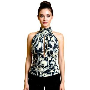 Tadashi Shoji Vintage Evening Black and White Cream Halter Sequin Floral Blouse